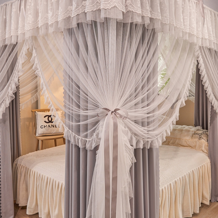 91家纺网 家纺一手货源 找家纺 艾晶美2023冬季保暖蚊帐双层床帘蚊帐四开门落地宫廷蚊帐4季款 星际灰