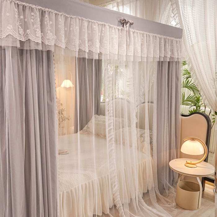 91家纺网 家纺一手货源 找家纺 艾晶美2023冬季保暖蚊帐双层床帘蚊帐四开门落地宫廷蚊帐4季款 星际灰