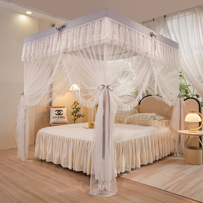 91家纺网 家纺一手货源 找家纺 艾晶美2023冬季保暖蚊帐双层床帘蚊帐四开门落地宫廷蚊帐4季款 星际灰