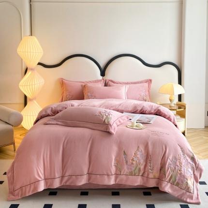 91家纺网 家纺一手货源 找家纺 伊人居 2023新款250g高克重全消光牛奶绒刺绣四件套-阳光假日 阳光假日-温柔粉