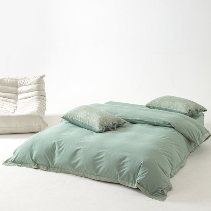 91家纺网 家纺一手货源 找家纺 安莱生活 2023新款简约花妍缤纷拼边四件套-风格二 缤纷花妍拼边款-灰绿