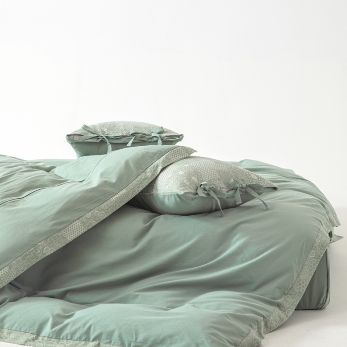 91家纺网 家纺一手货源 找家纺 安莱生活 2023新款简约花妍缤纷拼边四件套-风格二 缤纷花妍拼边款-灰绿