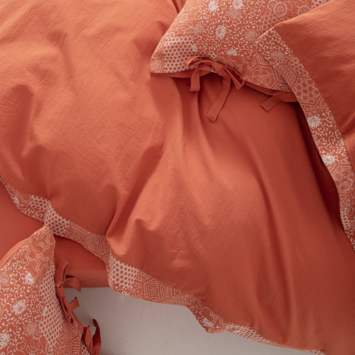 91家纺网 家纺一手货源 找家纺 安莱生活 2023新款简约花妍缤纷拼边四件套-风格二 缤纷花妍拼边款-橘红