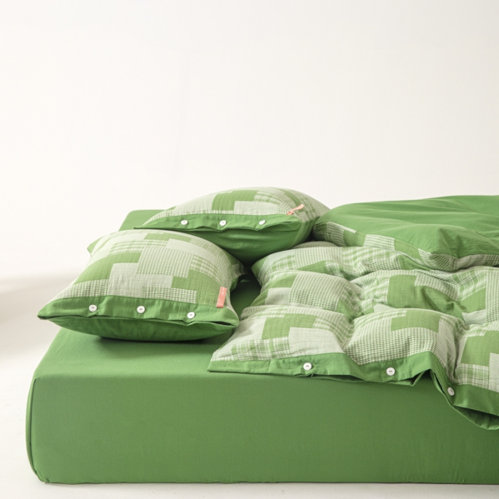 91家纺网 家纺一手货源 找家纺 安莱生活 2023新款拼布田园纽扣款四件套 拼布田园纽扣款-嫩绿