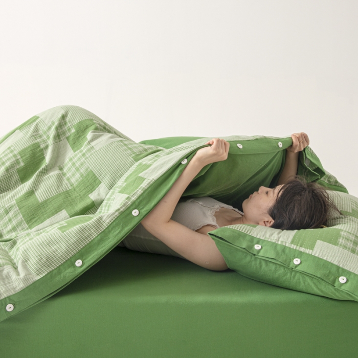 91家纺网 家纺一手货源 找家纺 安莱生活 2023新款拼布田园纽扣款四件套 拼布田园纽扣款-嫩绿