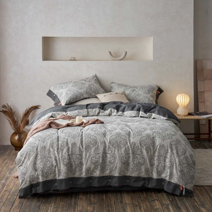 91家纺网 家纺一手货源 找家纺 安莱生活 2023新款双层纱大提花纽扣款波拿系列工艺款四件套 波拿-深灰