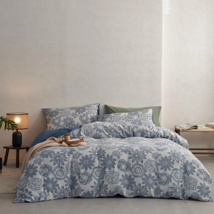 91家纺网 家纺一手货源 找家纺 安莱生活 2023新款双层纱百花争妍四件套 百花争妍-深蓝