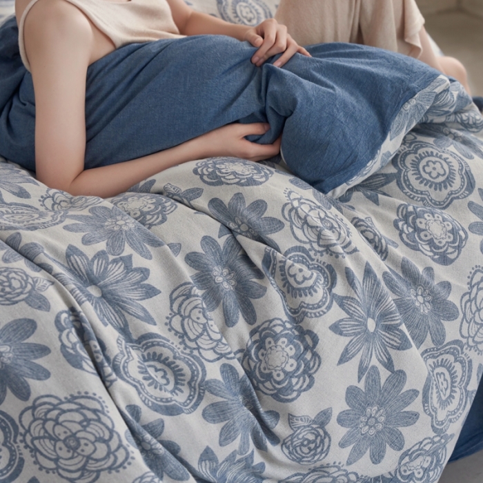 91家纺网 家纺一手货源 找家纺 安莱生活 2023新款双层纱百花争妍四件套 百花争妍-深蓝