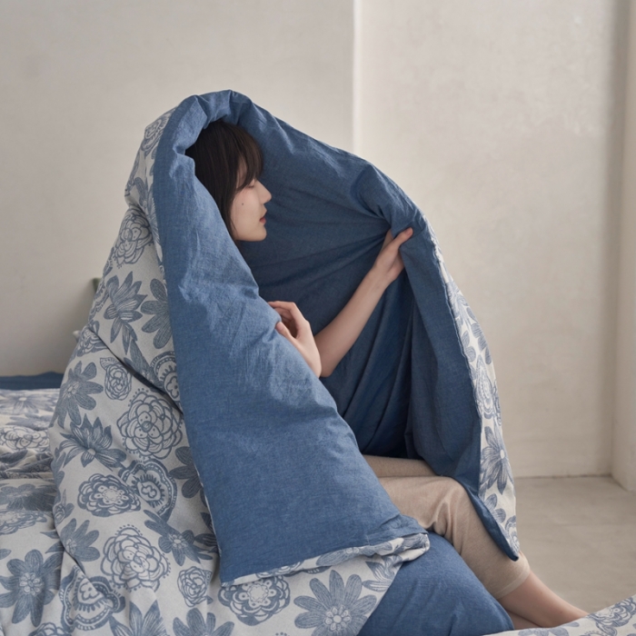 91家纺网 家纺一手货源 找家纺 安莱生活 2023新款双层纱百花争妍四件套 百花争妍-深蓝