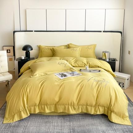 91家纺网 家纺一手货源 找家纺 梧桐家居 2023新款全棉磨毛刺绣四件套 柠檬黄