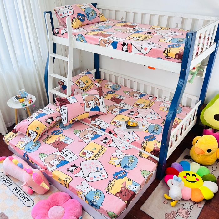 91家纺网 家纺一手货源 找家纺 小虾米 2023新款上下床加厚牛奶绒床笠 开心女孩