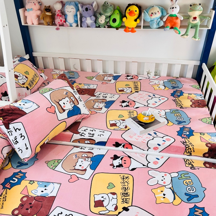 91家纺网 家纺一手货源 找家纺 小虾米 2023新款上下床加厚牛奶绒床笠 开心女孩