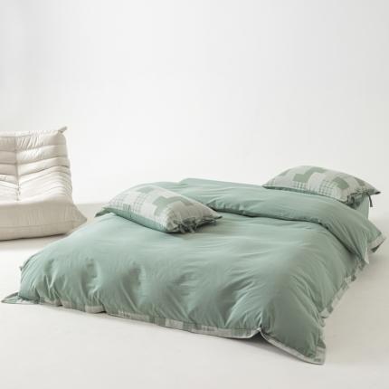 91家纺网 家纺一手货源 找家纺 安莱生活 2023新款简约拼布田园拼边四件套 灰绿