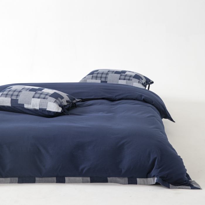 91家纺网 家纺一手货源 找家纺 安莱生活 2023新款简约拼布田园拼边四件套 藏青