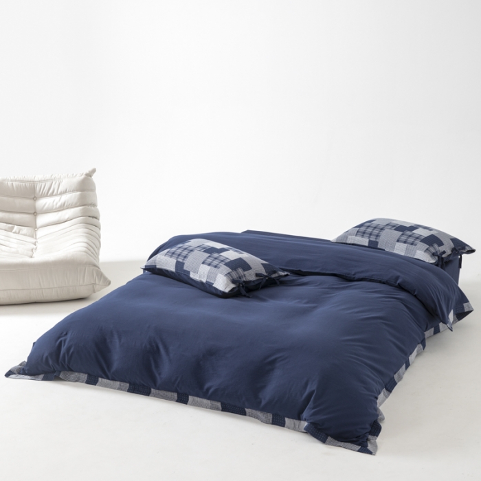 91家纺网 家纺一手货源 找家纺 安莱生活 2023新款简约拼布田园拼边四件套 藏青