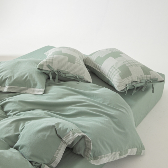 91家纺网 家纺一手货源 找家纺 安莱生活 2023新款简约拼布田园拼边四件套 灰绿