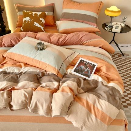 91家纺网 家纺一手货源 找家纺 （总）三沁 2024新款AAA版直播爆款纯棉全棉色织水洗棉简约格子式四件套（床单圆角荷叶边）