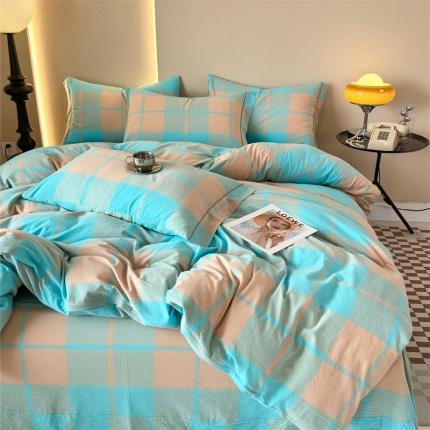 91家纺网 家纺一手货源 找家纺 （总）三沁 2024新款AAA版直播爆款纯棉全棉色织水洗棉简约格子式四件套（床单圆角荷叶边）