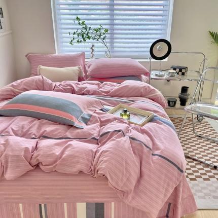 91家纺网 家纺一手货源 找家纺 （总）三沁 2024新款AAA版直播爆款纯棉全棉色织水洗棉简约格子式四件套（床单圆角荷叶边）