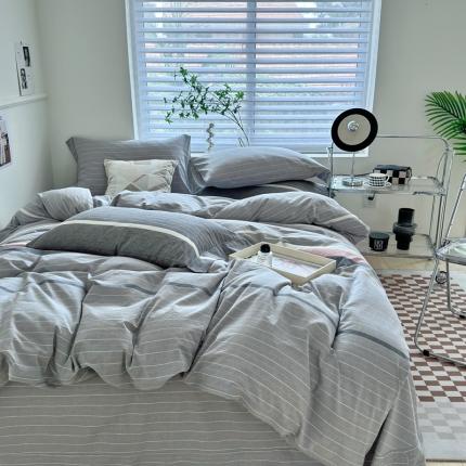 91家纺网 家纺一手货源 找家纺 （总）三沁 2024新款AAA版直播爆款纯棉全棉色织水洗棉简约格子式四件套（床单圆角荷叶边）