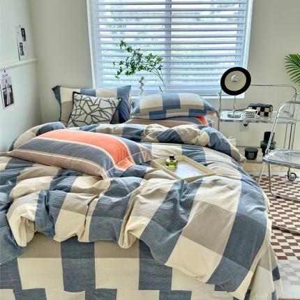 91家纺网 家纺一手货源 找家纺 （总）三沁 2024新款AAA版直播爆款纯棉全棉色织水洗棉简约格子式四件套（床单圆角荷叶边）