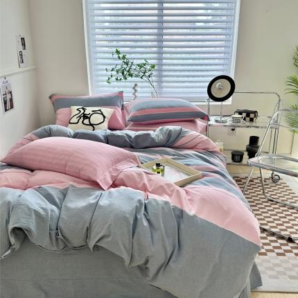 91家纺网 家纺一手货源 找家纺 （总）三沁 2024新款AAA版直播爆款纯棉全棉色织水洗棉简约格子式四件套（床单圆角荷叶边）