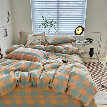 91家纺网 家纺一手货源 找家纺 （总）三沁 2024新款AAA版直播爆款纯棉全棉色织水洗棉简约格子式四件套（床单圆角荷叶边）