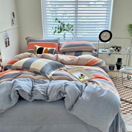 91家纺网 家纺一手货源 找家纺 （总）三沁 2024新款AAA版直播爆款纯棉全棉色织水洗棉简约格子式四件套（床单圆角荷叶边）