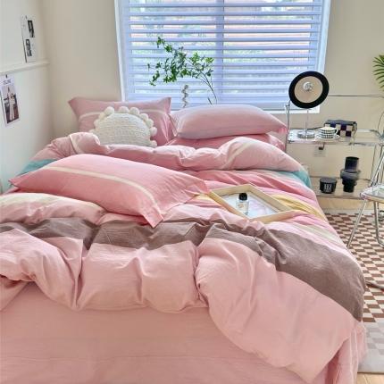 91家纺网 家纺一手货源 找家纺 （总）三沁 2024新款AAA版直播爆款纯棉全棉色织水洗棉简约格子式四件套（床单圆角荷叶边）