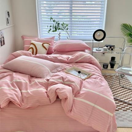 91家纺网 家纺一手货源 找家纺 （总）三沁 2024新款AAA版直播爆款纯棉全棉色织水洗棉简约格子式四件套（床单圆角荷叶边）