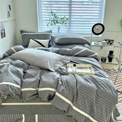 91家纺网 家纺一手货源 找家纺 （总）三沁 2024新款AAA版直播爆款纯棉全棉色织水洗棉简约格子式四件套（床单圆角荷叶边）