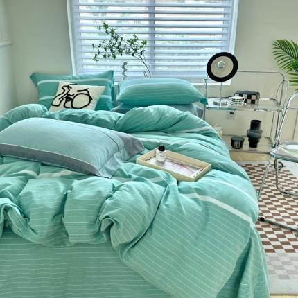 91家纺网 家纺一手货源 找家纺 （总）三沁 2024新款AAA版直播爆款纯棉全棉色织水洗棉简约格子式四件套（床单圆角荷叶边）