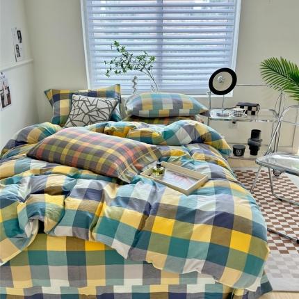 91家纺网 家纺一手货源 找家纺 （总）三沁 2024新款AAA版直播爆款纯棉全棉色织水洗棉简约格子式四件套（床单圆角荷叶边）