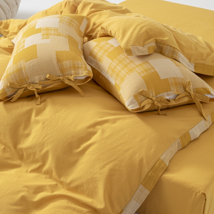 91家纺网 家纺一手货源 找家纺 安莱生活 2023新款简约拼布田园拼边四件套 姜黄