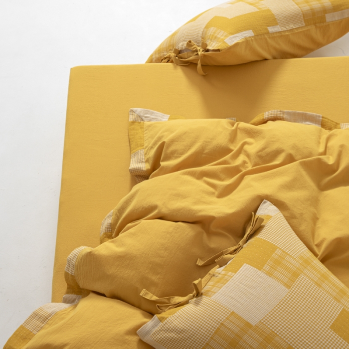 91家纺网 家纺一手货源 找家纺 安莱生活 2023新款简约拼布田园拼边四件套 姜黄