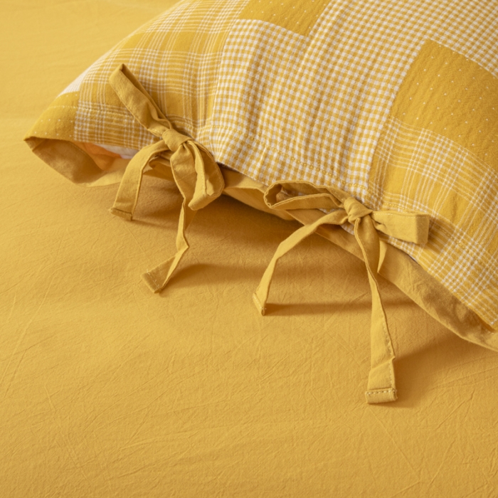 91家纺网 家纺一手货源 找家纺 安莱生活 2023新款简约拼布田园拼边四件套 姜黄