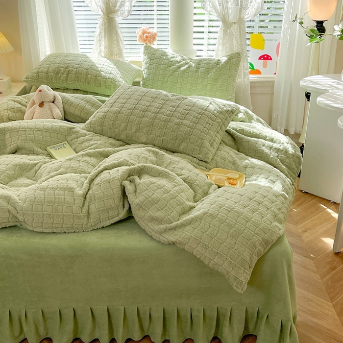 91家纺网 家纺一手货源 找家纺 欧冠家纺 2023新款高克重兔绒牛奶绒四件套 抹茶绿