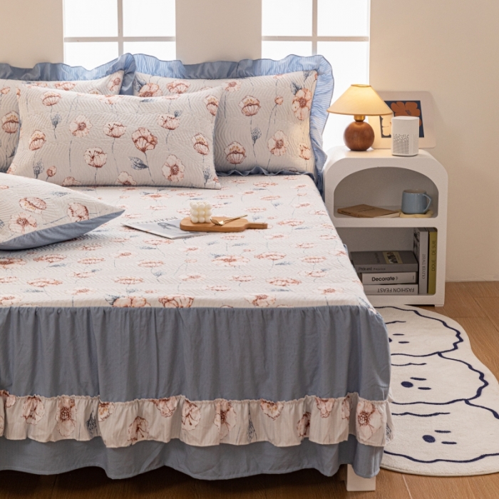 91家纺网 家纺一手货源 找家纺 紫碧螺 2023新款水洗棉麻韩版印花绗缝双面床裙床罩床单床盖 花锦