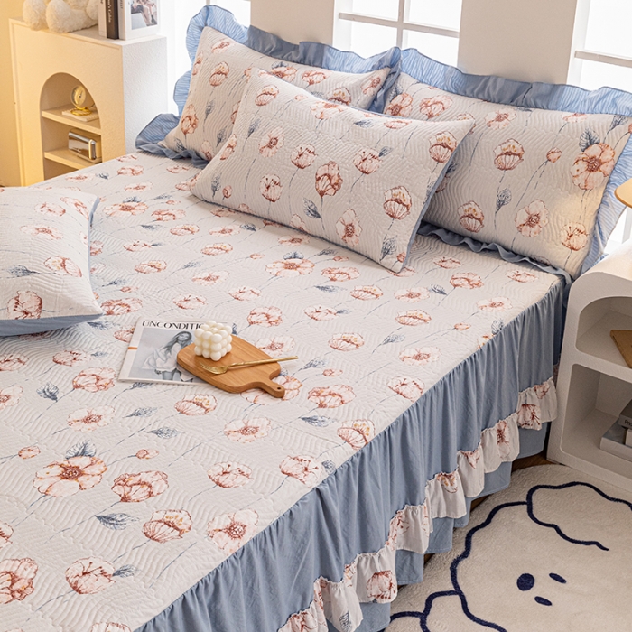 91家纺网 家纺一手货源 找家纺 紫碧螺 2023新款水洗棉麻韩版印花绗缝双面床裙床罩床单床盖 花锦