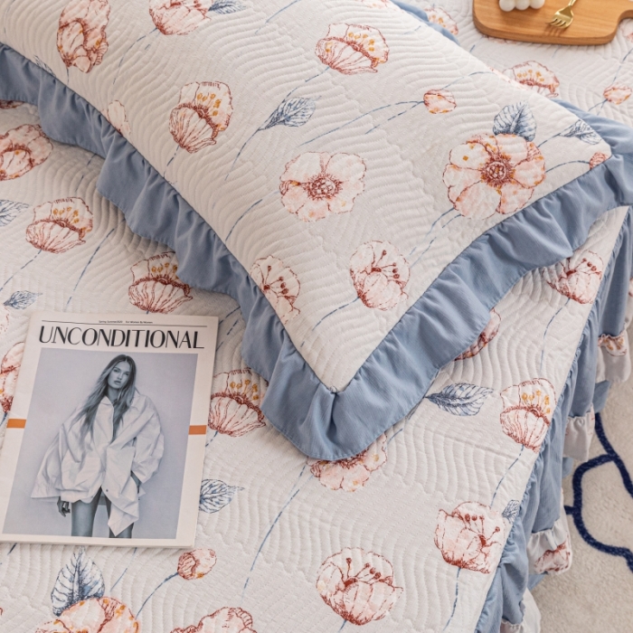 91家纺网 家纺一手货源 找家纺 紫碧螺 2023新款水洗棉麻韩版印花绗缝双面床裙床罩床单床盖 花锦