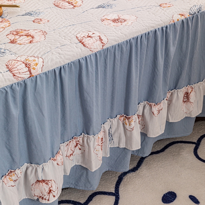 91家纺网 家纺一手货源 找家纺 紫碧螺 2023新款水洗棉麻韩版印花绗缝双面床裙床罩床单床盖 花锦