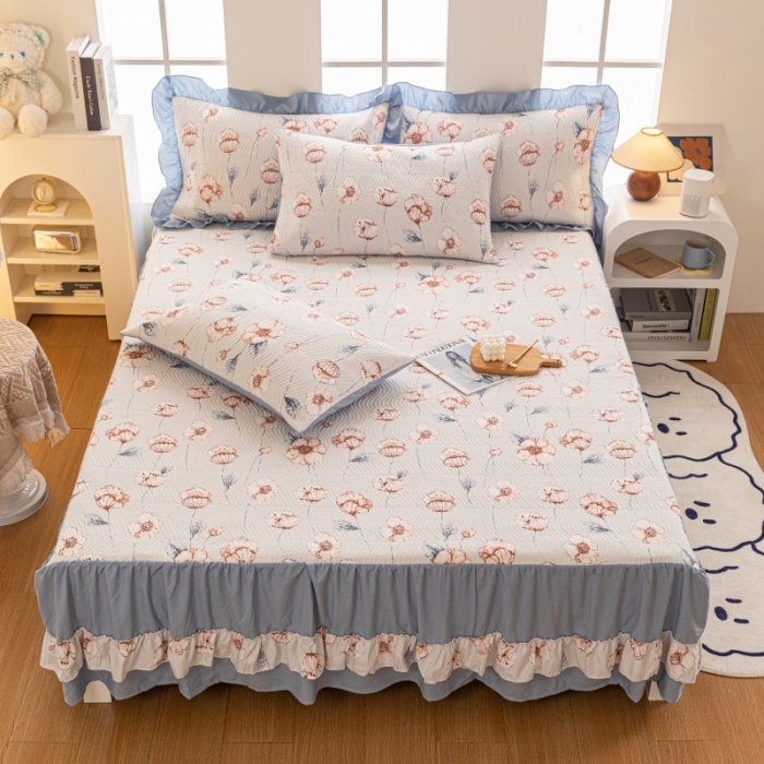 91家纺网 家纺一手货源 找家纺 紫碧螺 2023新款水洗棉麻韩版印花绗缝双面床裙床罩床单床盖 花锦