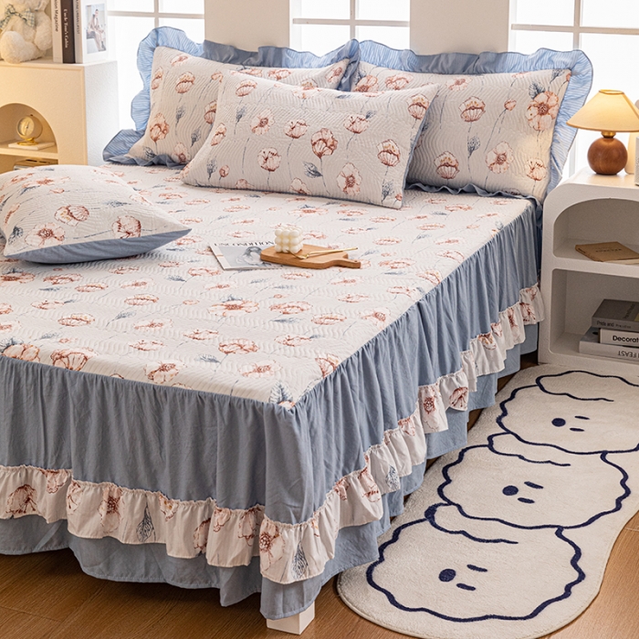 91家纺网 家纺一手货源 找家纺 紫碧螺 2023新款水洗棉麻韩版印花绗缝双面床裙床罩床单床盖 花锦