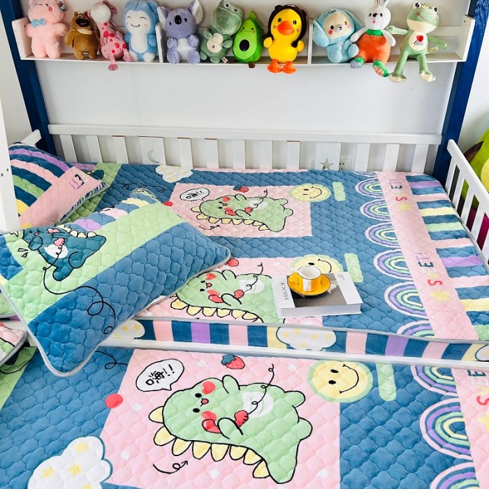 91家纺网 家纺一手货源 找家纺 小虾米 2023新款上下床加厚牛奶绒夹棉床笠 恐龙宝宝