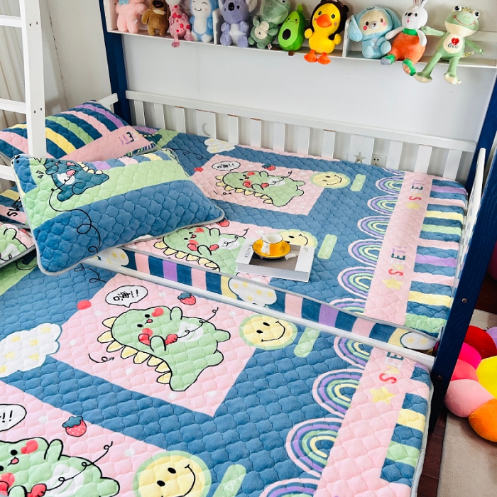 91家纺网 家纺一手货源 找家纺 小虾米 2023新款上下床加厚牛奶绒夹棉床笠 恐龙宝宝