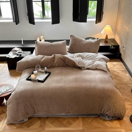 时光里 2023新款双拼牛奶绒四件套米咖拼星际灰