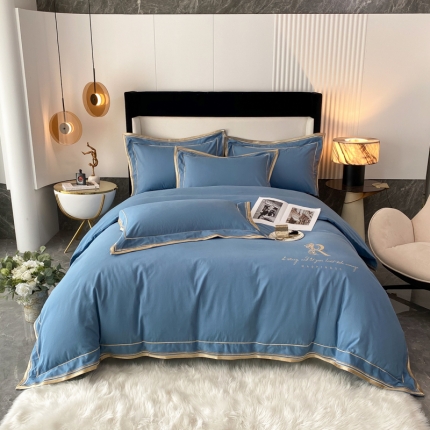 91家纺网 家纺一手货源 找家纺 高档礼盒装母婴级秋冬爆款双面加厚纯棉磨毛四件套刺绣花长绒棉床上用品 简尚-星空蓝