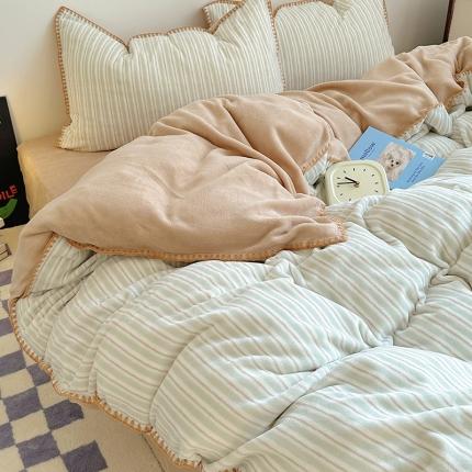 91家纺网 家纺一手货源 找家纺 三朵 2023新款无印风牛奶绒四件套 豆豆绿细条