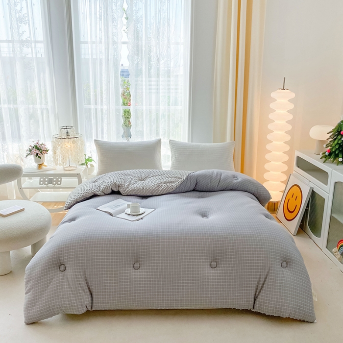 91家纺网 家纺一手货源 找家纺 天瑜家纺 2023新款针织豆豆绒冬被 灰小格