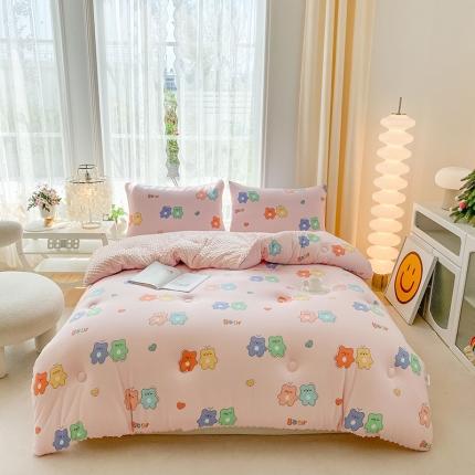 天瑜家纺 2023新款针织豆豆绒冬被 情侣小熊粉